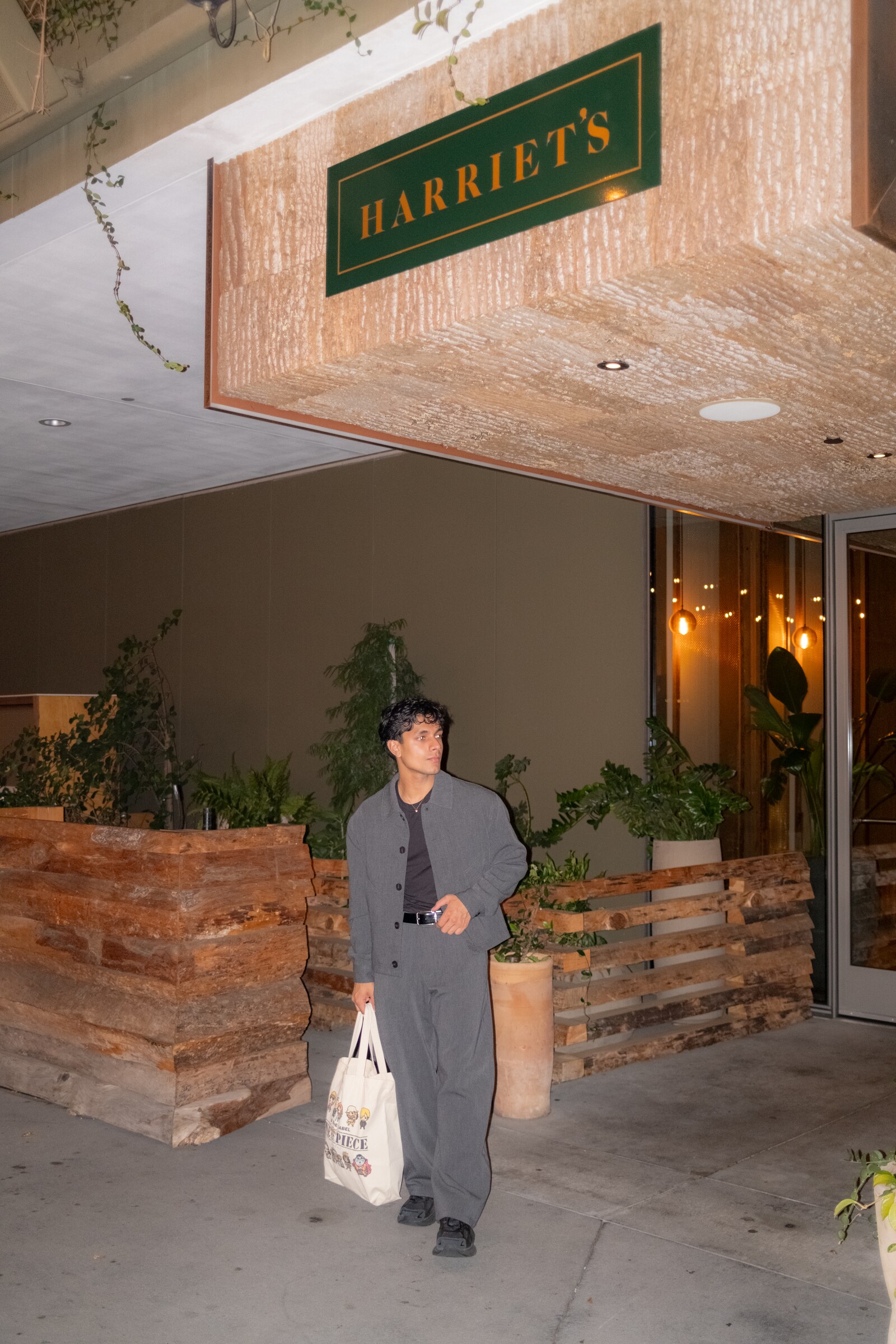 Aryan Mahajan in a gray outfit carrying a tote outside Harriet's