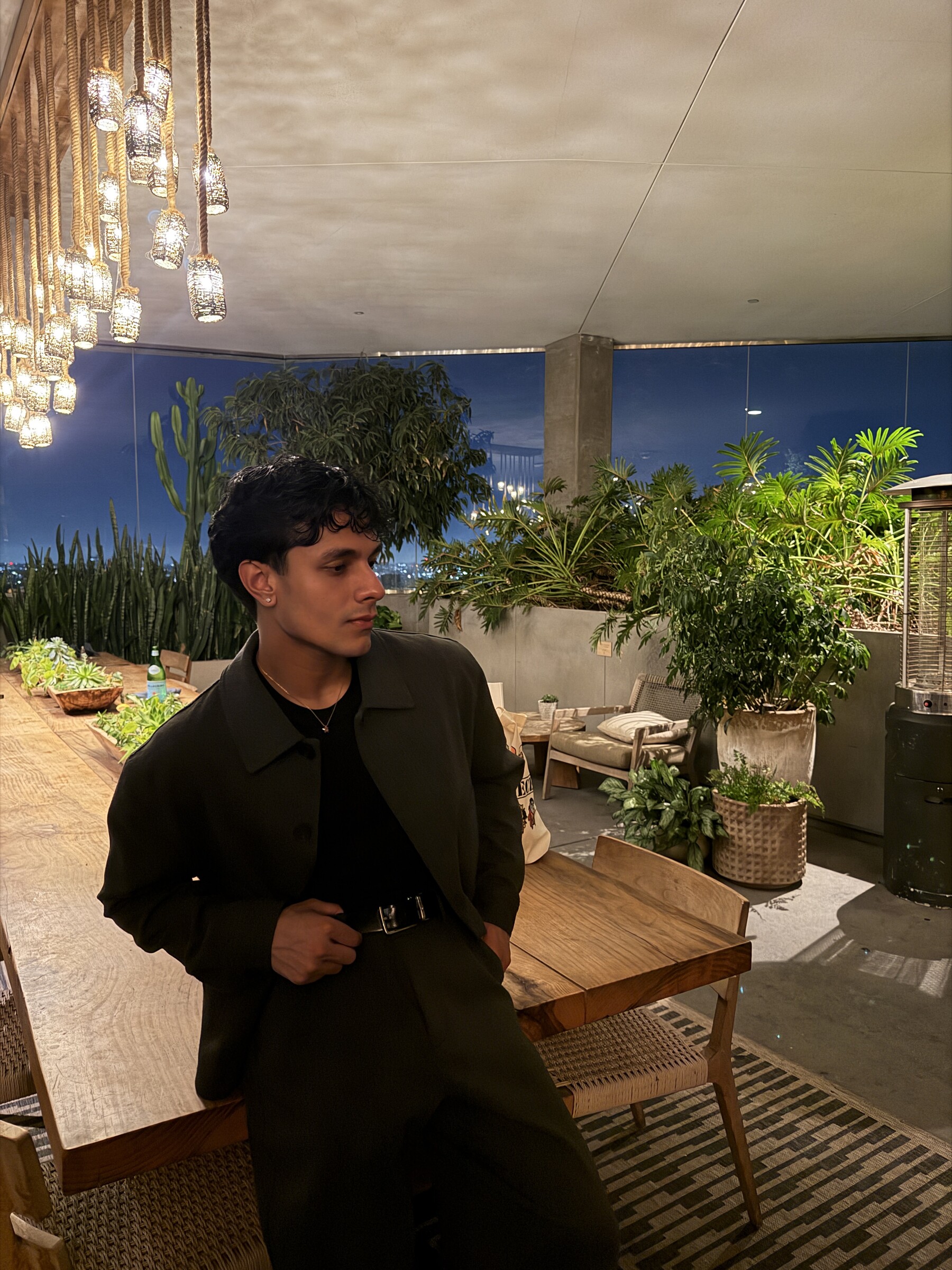 Aryan Mahajan wearing a gray outfit on a terrace beneath hanging lights